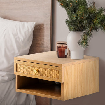 Celerie 15.71" Mid-Century Modern Floating Wall Mounted Nightstand with Soft-Close Rattan Drawer and Cable Hole - JONATHAN Y